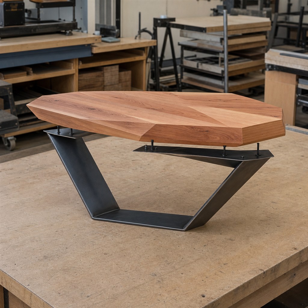Sculptural End Table With a Faceted Wood Top and Steel V-Base - workshop dry-assembly view