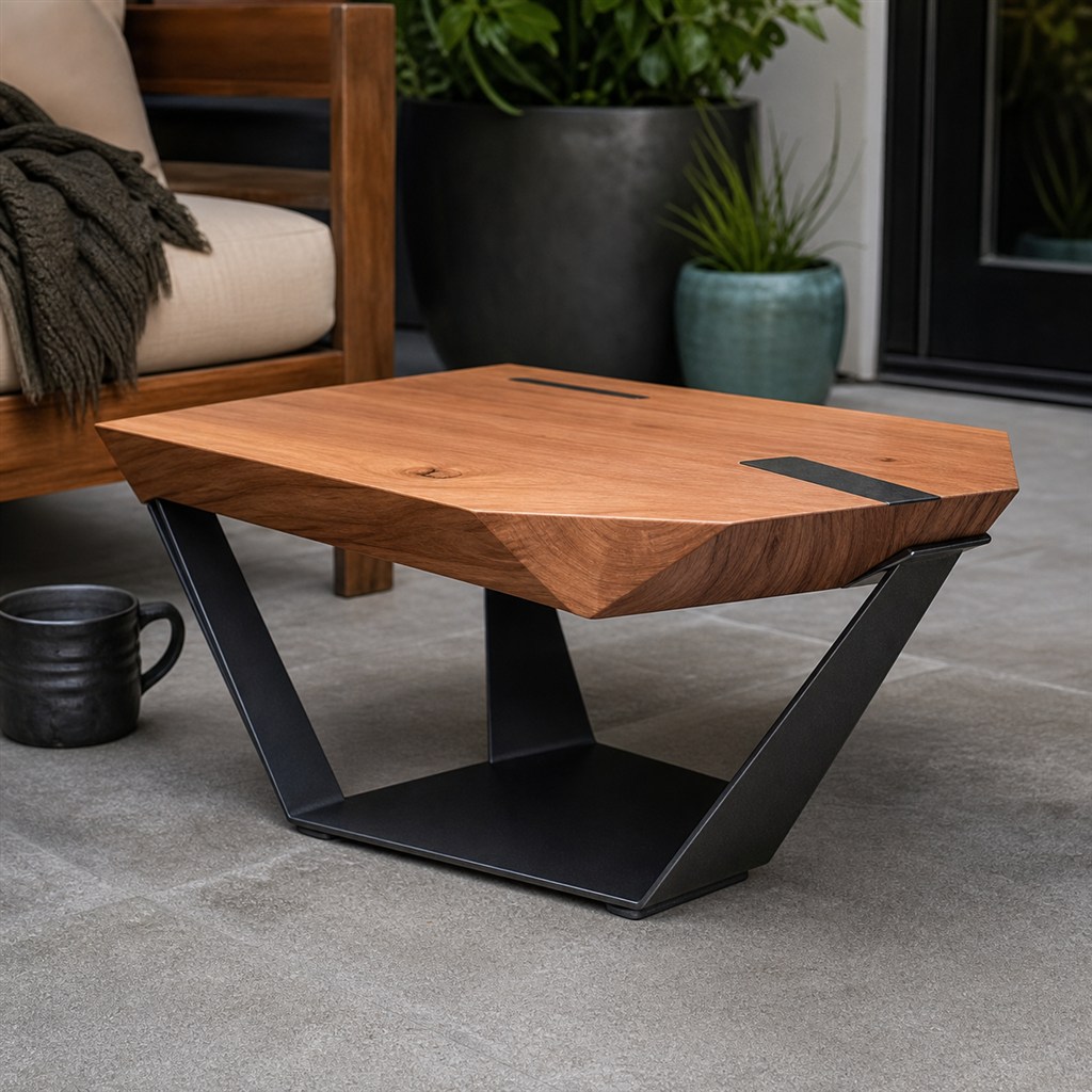 Sculptural End Table With a Faceted Wood Top and Steel V-Base - finished material detail