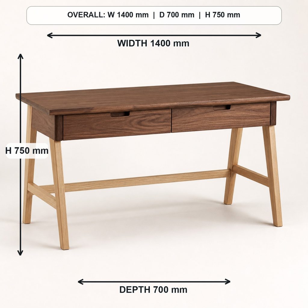walnut and ash writing desk with drawers complete three-quarter project view, overall dimensions 1400 mm wide x 700 mm deep x 750 mm high