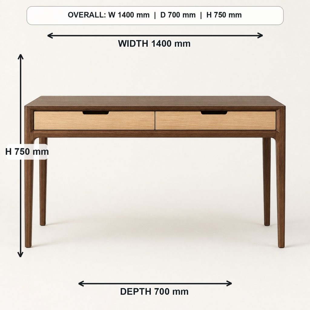 walnut and ash writing desk with drawers front elevation and overall proportions, overall dimensions 1400 mm wide x 700 mm deep x 750 mm high