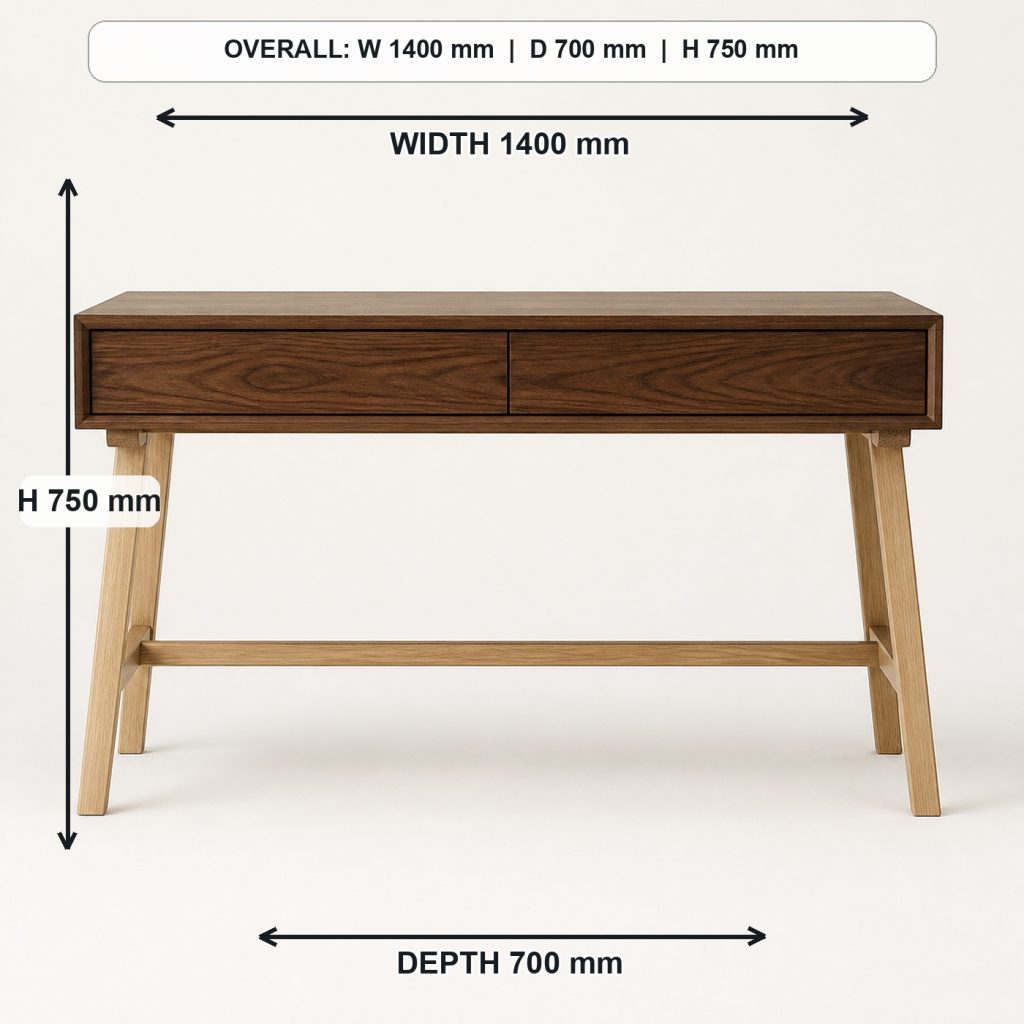 walnut and ash writing desk with drawers side elevation and depth, overall dimensions 1400 mm wide x 700 mm deep x 750 mm high