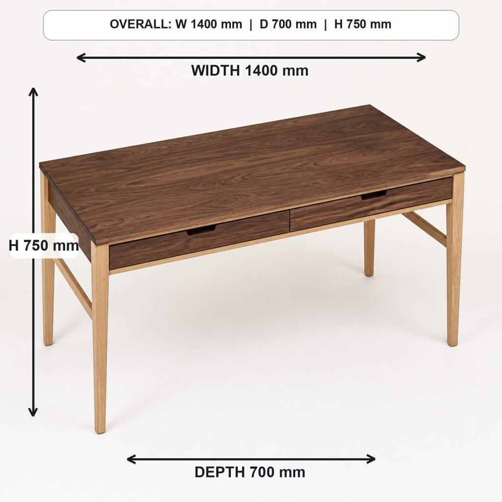 walnut and ash writing desk with drawers top view and usable surface, overall dimensions 1400 mm wide x 700 mm deep x 750 mm high