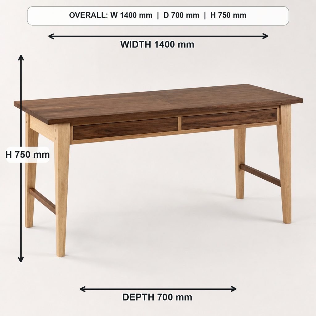 walnut and ash writing desk with drawers rear construction and support, overall dimensions 1400 mm wide x 700 mm deep x 750 mm high