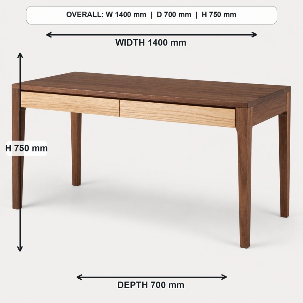 walnut and ash writing desk with drawers primary joinery detail, overall dimensions 1400 mm wide x 700 mm deep x 750 mm high