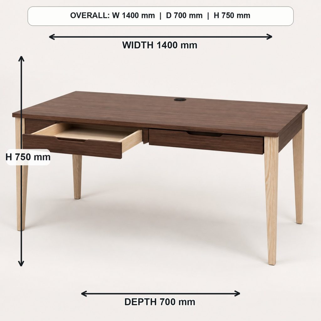 walnut and ash writing desk with drawers storage or functional detail, overall dimensions 1400 mm wide x 700 mm deep x 750 mm high