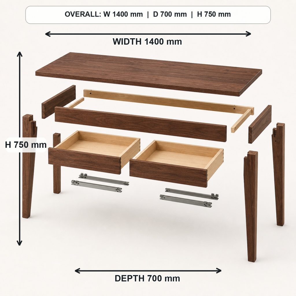 walnut and ash writing desk with drawers exploded construction overview, overall dimensions 1400 mm wide x 700 mm deep x 750 mm high