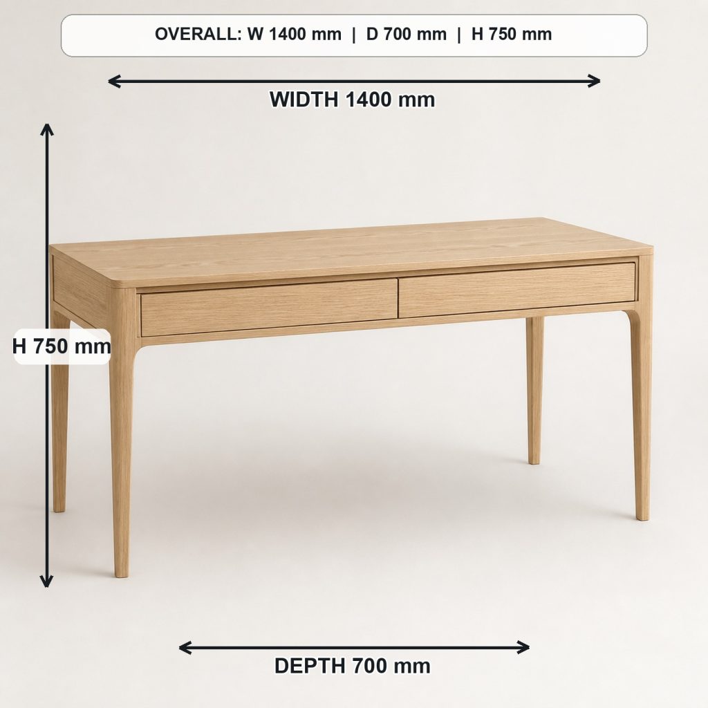walnut and ash writing desk with drawers finished project variation, overall dimensions 1400 mm wide x 700 mm deep x 750 mm high