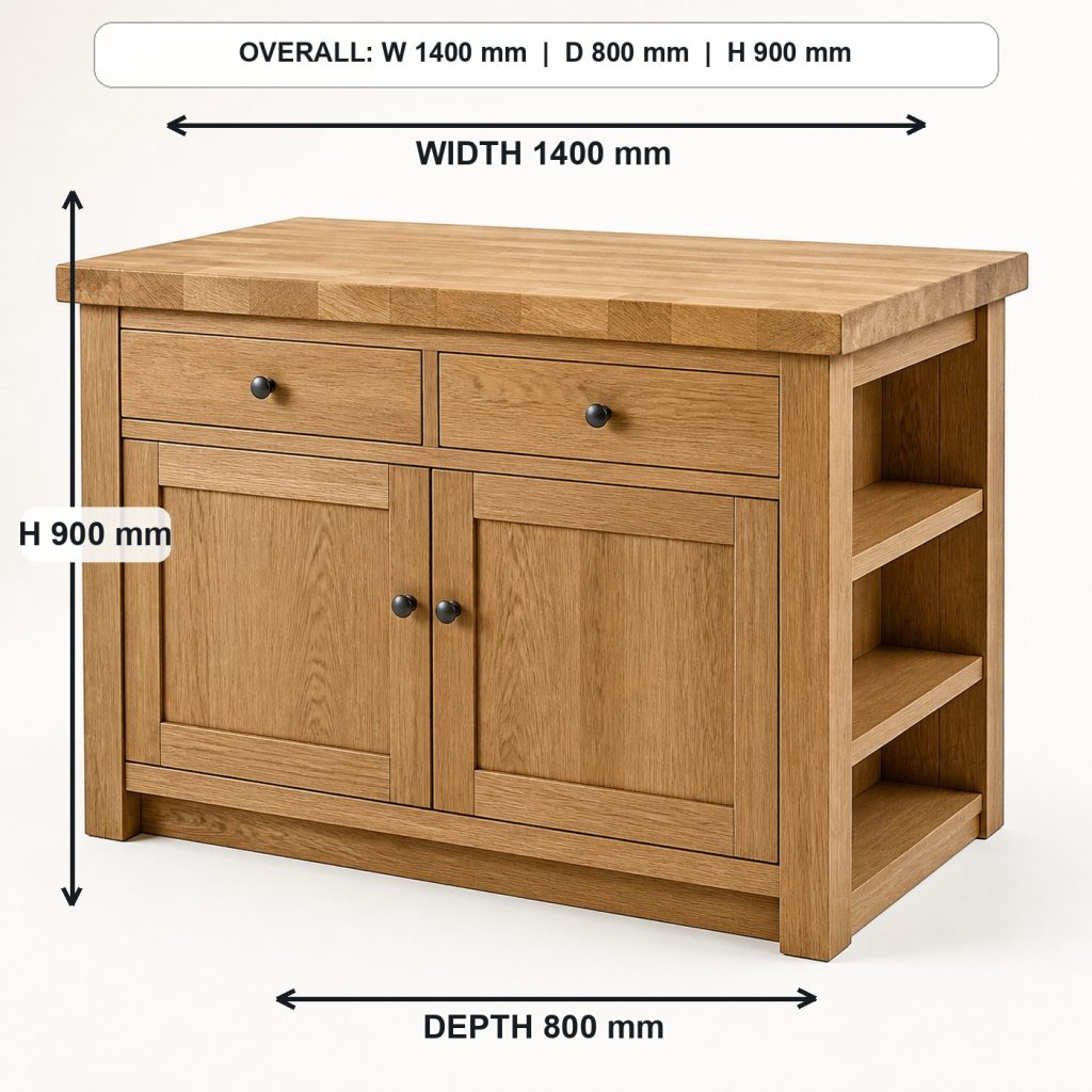 white-oak kitchen island with storage complete three-quarter project view, overall dimensions 1400 mm wide x 800 mm deep x 900 mm high