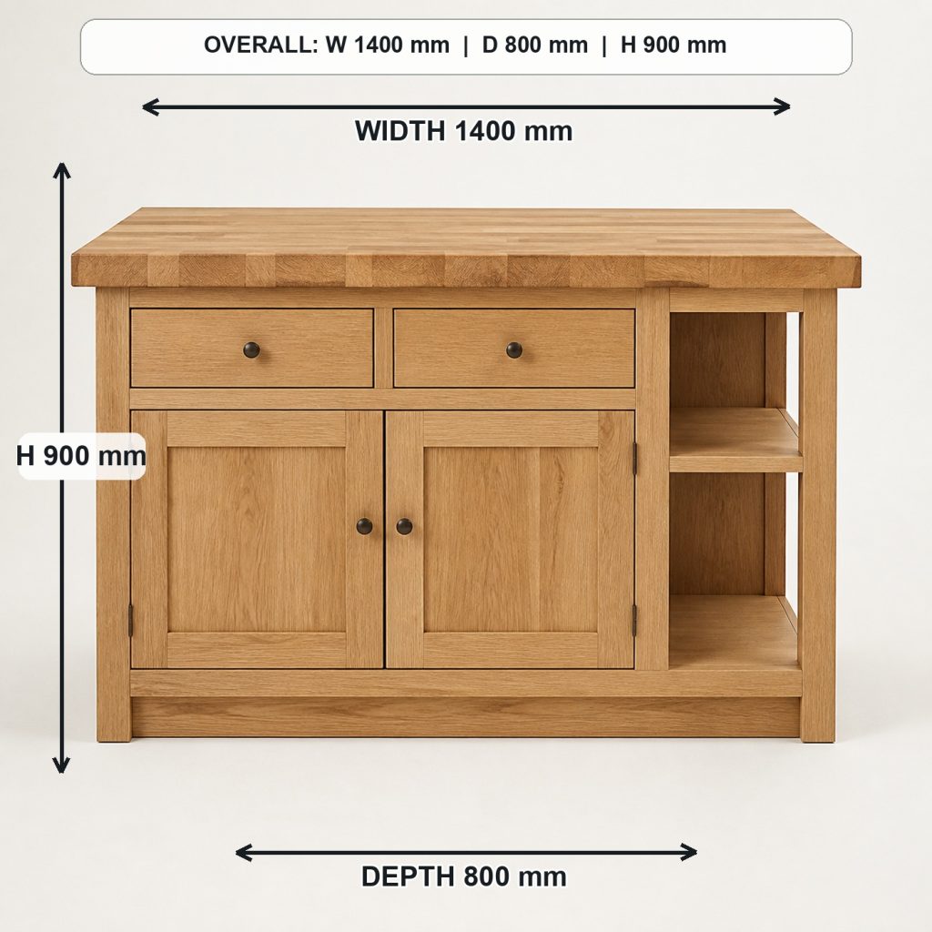 white-oak kitchen island with storage front elevation and overall proportions, overall dimensions 1400 mm wide x 800 mm deep x 900 mm high