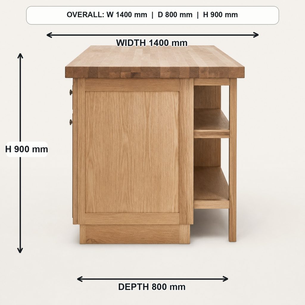 white-oak kitchen island with storage side elevation and depth, overall dimensions 1400 mm wide x 800 mm deep x 900 mm high
