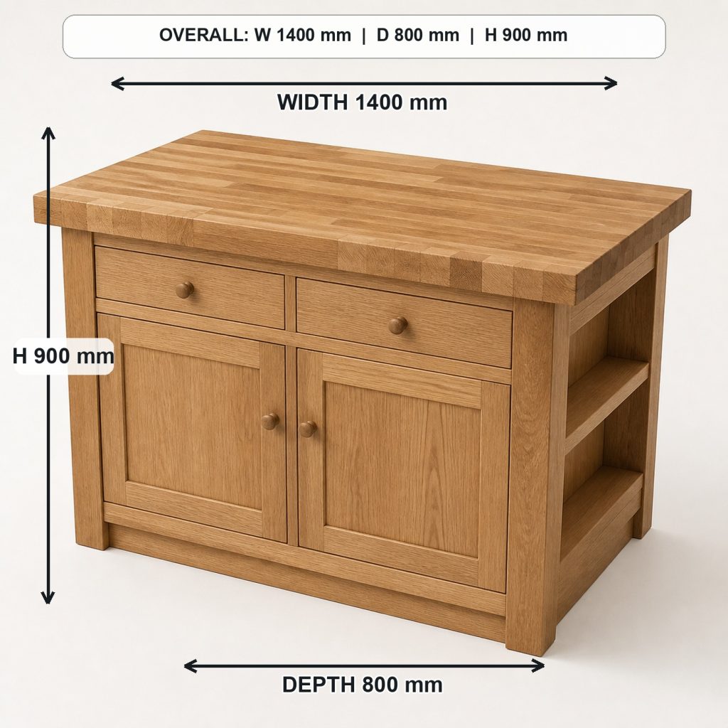 white-oak kitchen island with storage top view and usable surface, overall dimensions 1400 mm wide x 800 mm deep x 900 mm high