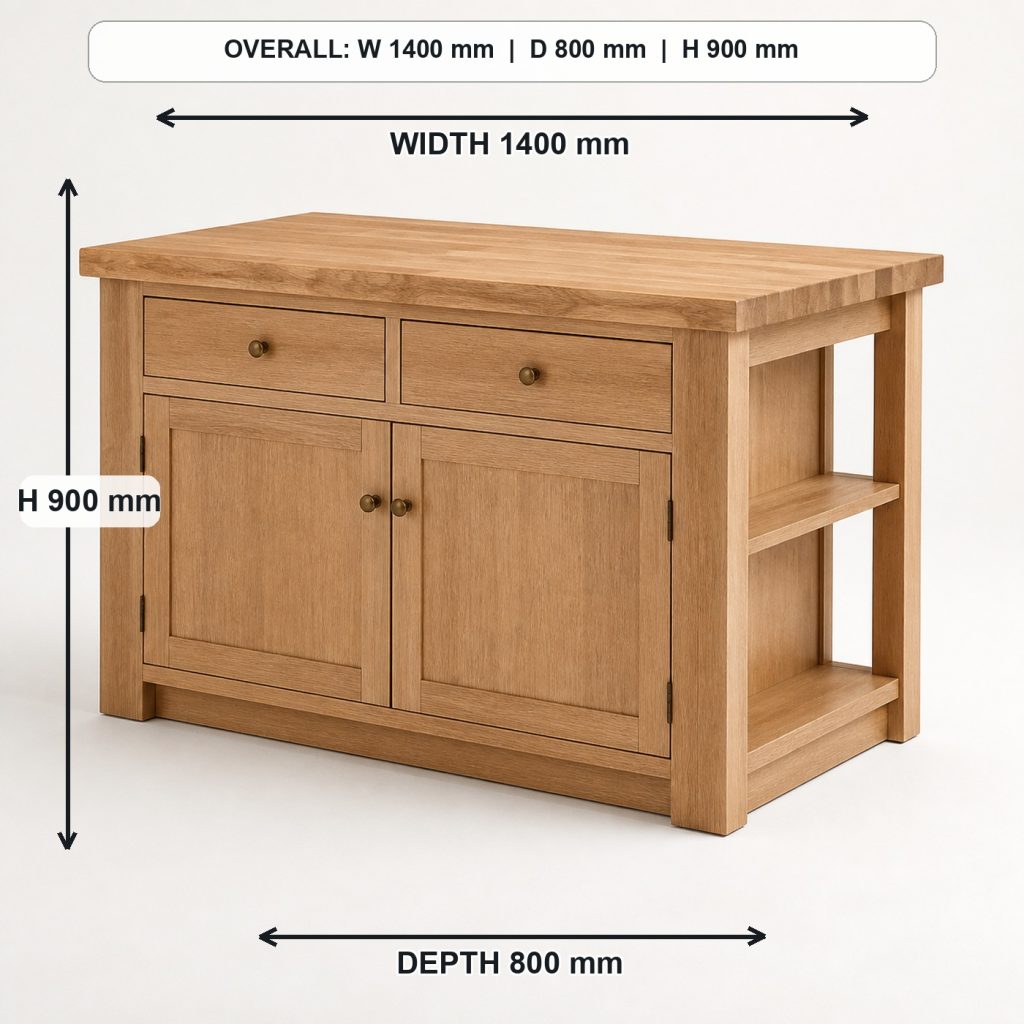 white-oak kitchen island with storage rear construction and support, overall dimensions 1400 mm wide x 800 mm deep x 900 mm high