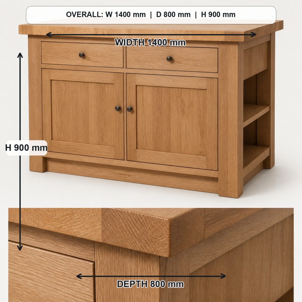 white-oak kitchen island with storage primary joinery detail, overall dimensions 1400 mm wide x 800 mm deep x 900 mm high
