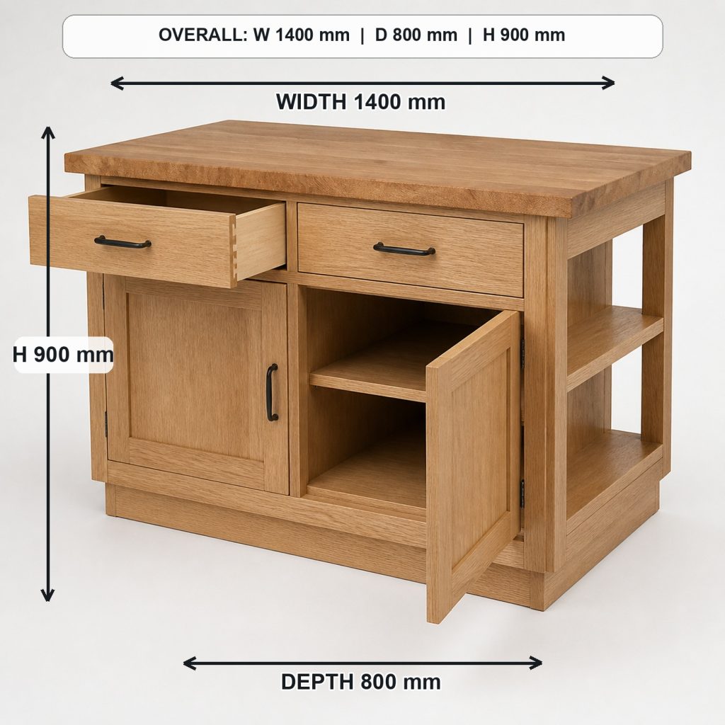 white-oak kitchen island with storage storage or functional detail, overall dimensions 1400 mm wide x 800 mm deep x 900 mm high