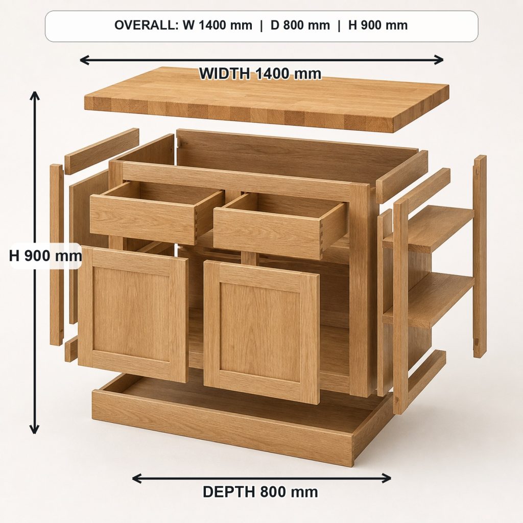 white-oak kitchen island with storage exploded construction overview, overall dimensions 1400 mm wide x 800 mm deep x 900 mm high