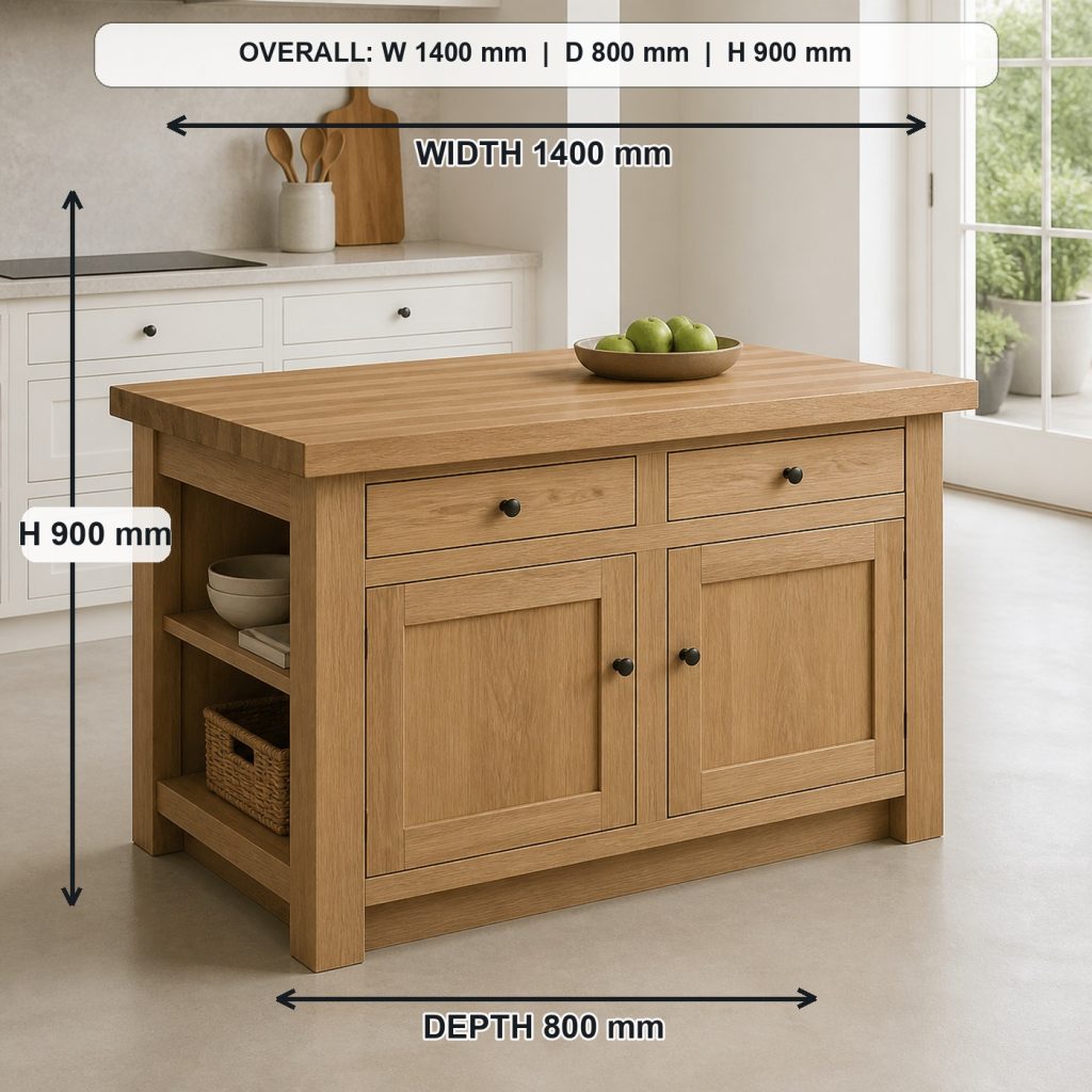 white-oak kitchen island with storage project shown in a real room, overall dimensions 1400 mm wide x 800 mm deep x 900 mm high