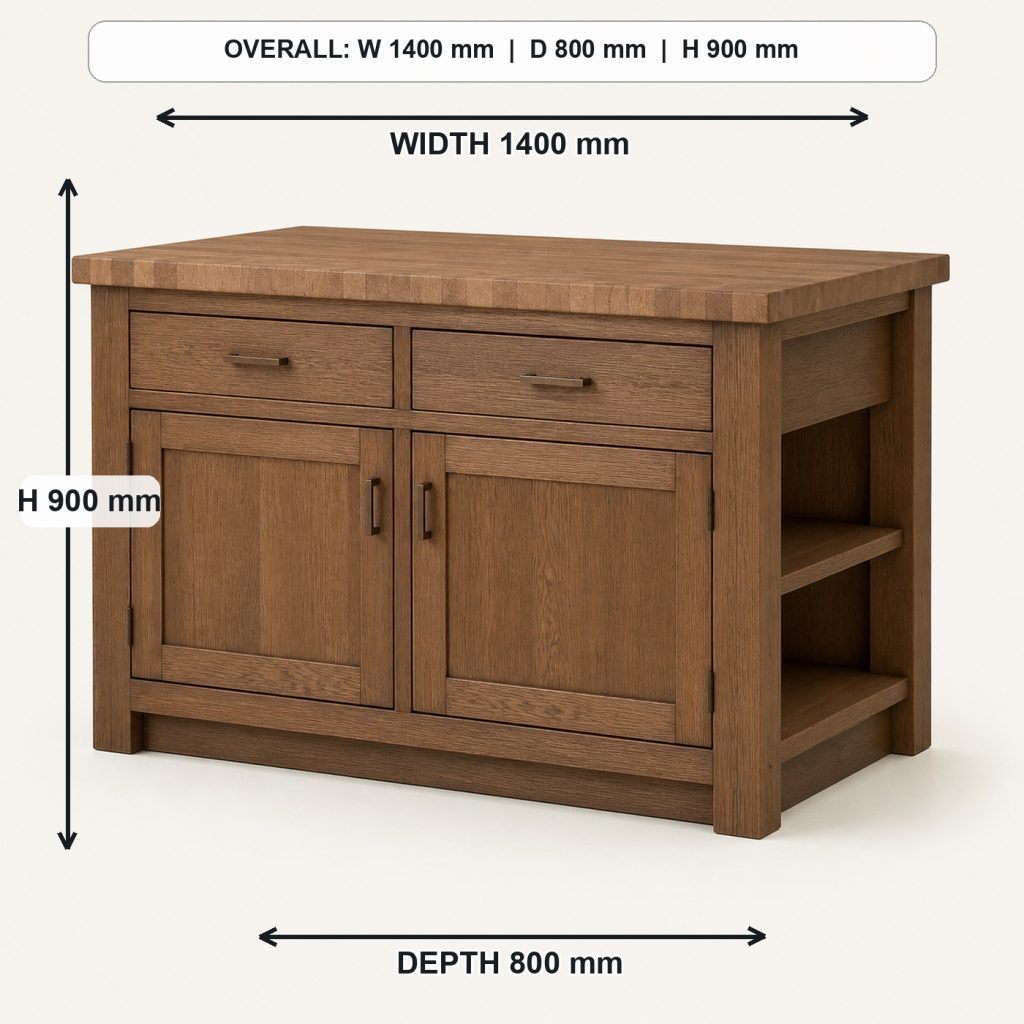 white-oak kitchen island with storage finished project variation, overall dimensions 1400 mm wide x 800 mm deep x 900 mm high