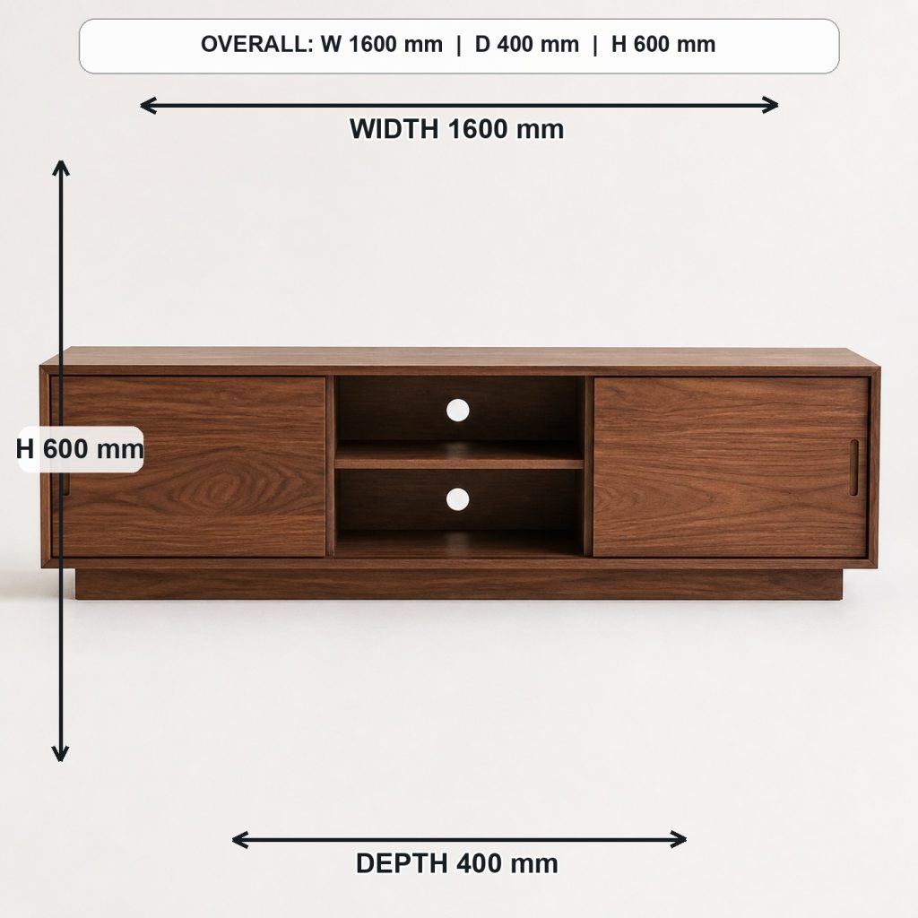 low modern walnut media console front elevation and overall proportions, overall dimensions 1600 mm wide x 400 mm deep x 600 mm high