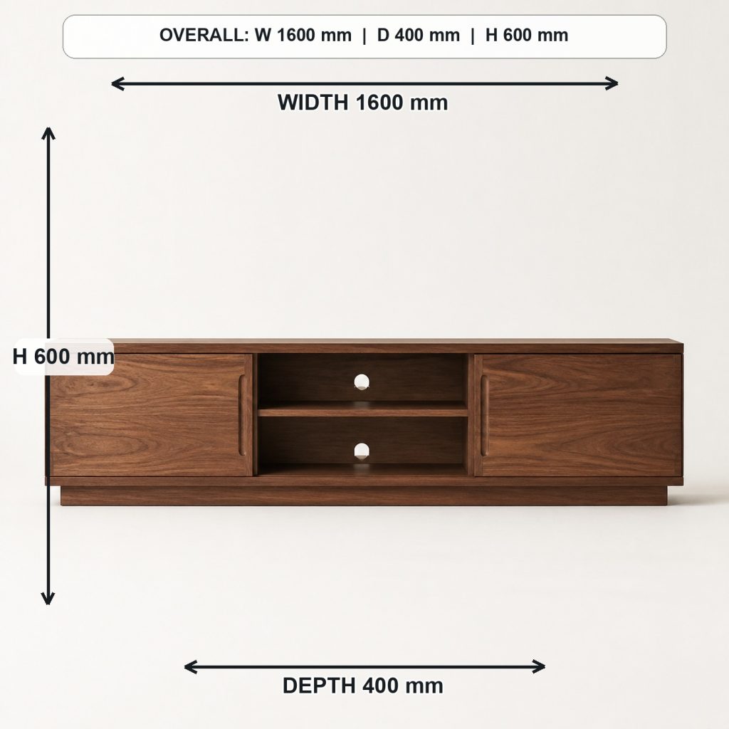 low modern walnut media console side elevation and depth, overall dimensions 1600 mm wide x 400 mm deep x 600 mm high