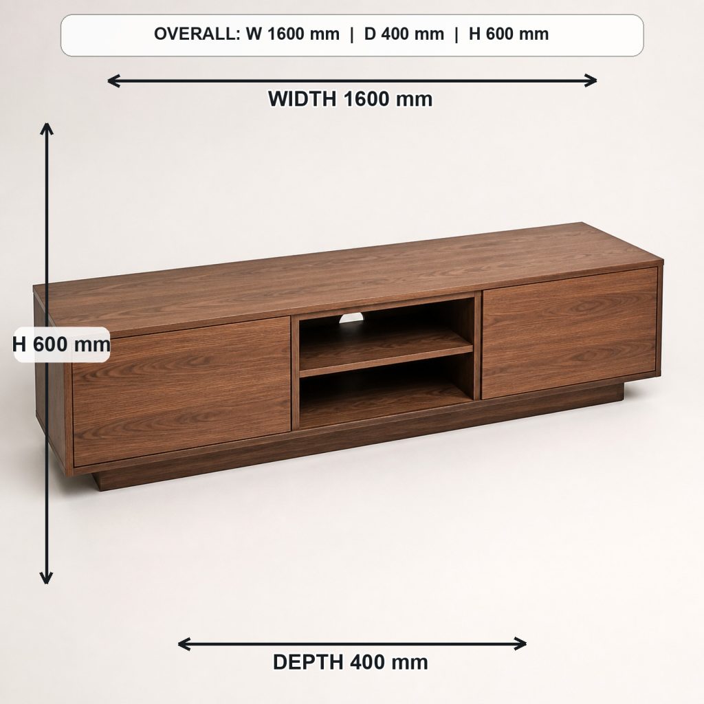 low modern walnut media console top view and usable surface, overall dimensions 1600 mm wide x 400 mm deep x 600 mm high