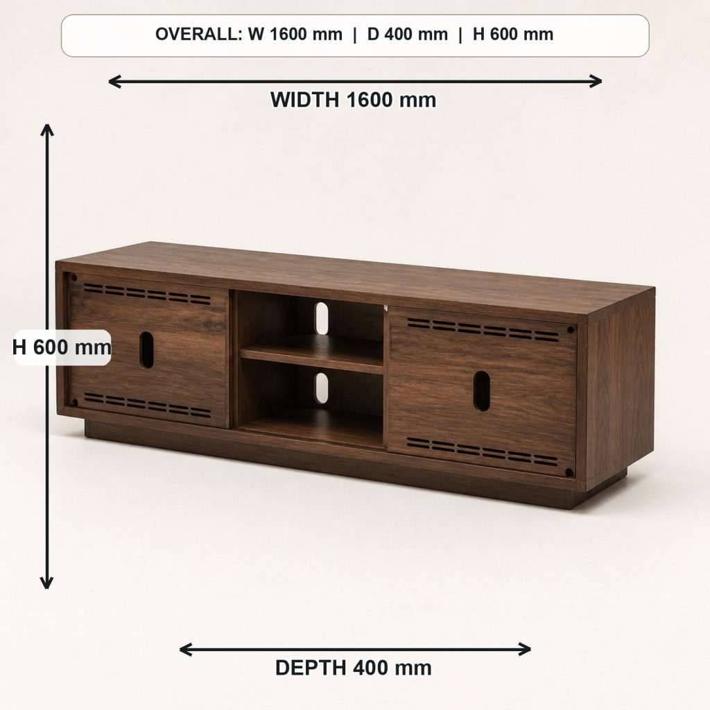 low modern walnut media console rear construction and support, overall dimensions 1600 mm wide x 400 mm deep x 600 mm high