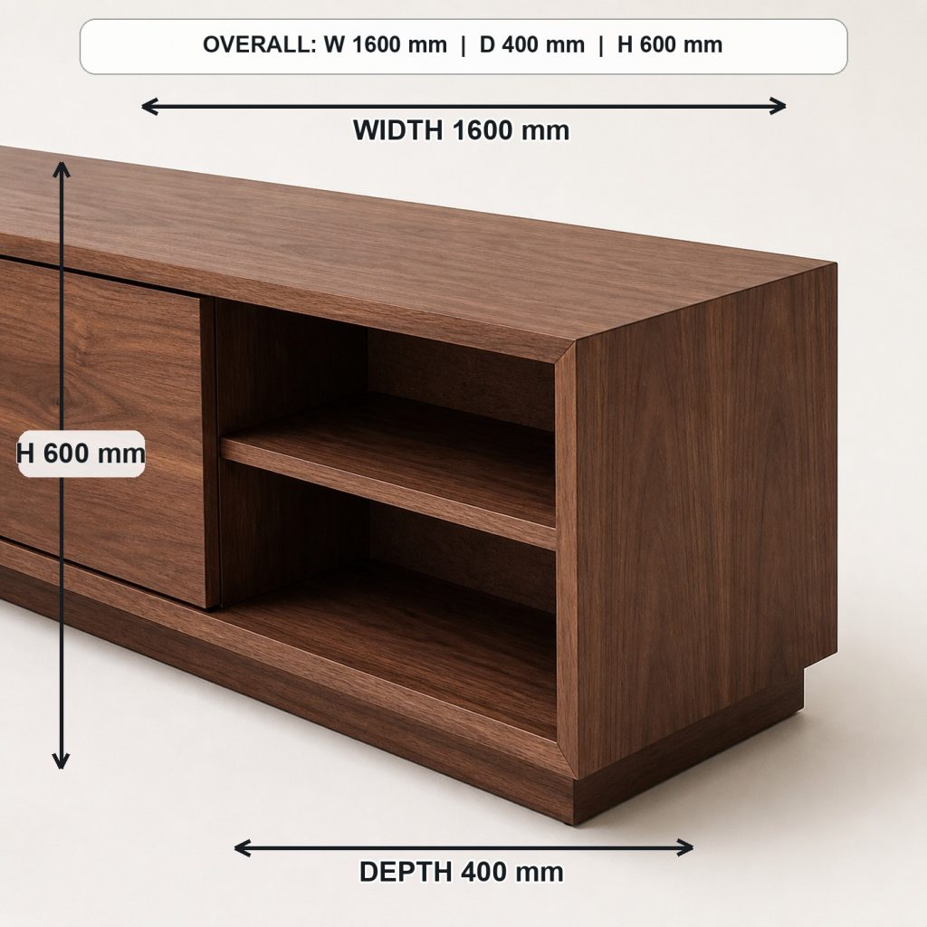 low modern walnut media console primary joinery detail, overall dimensions 1600 mm wide x 400 mm deep x 600 mm high