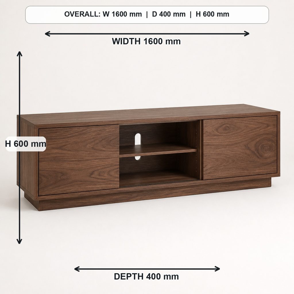 low modern walnut media console storage or functional detail, overall dimensions 1600 mm wide x 400 mm deep x 600 mm high