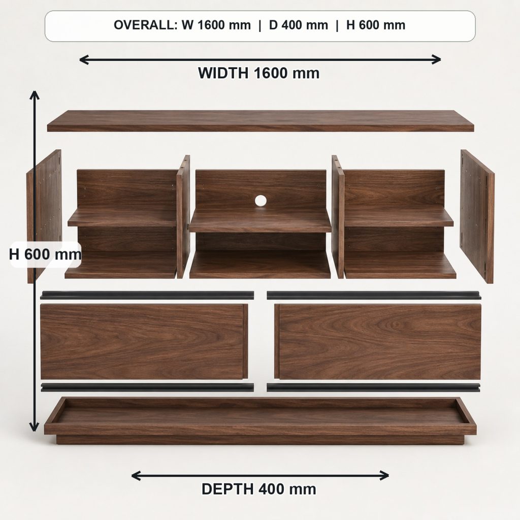low modern walnut media console exploded construction overview, overall dimensions 1600 mm wide x 400 mm deep x 600 mm high