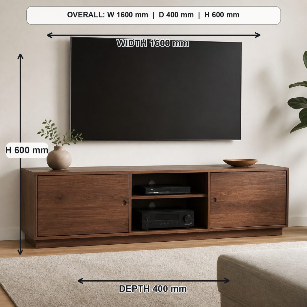 low modern walnut media console project shown in a real room, overall dimensions 1600 mm wide x 400 mm deep x 600 mm high