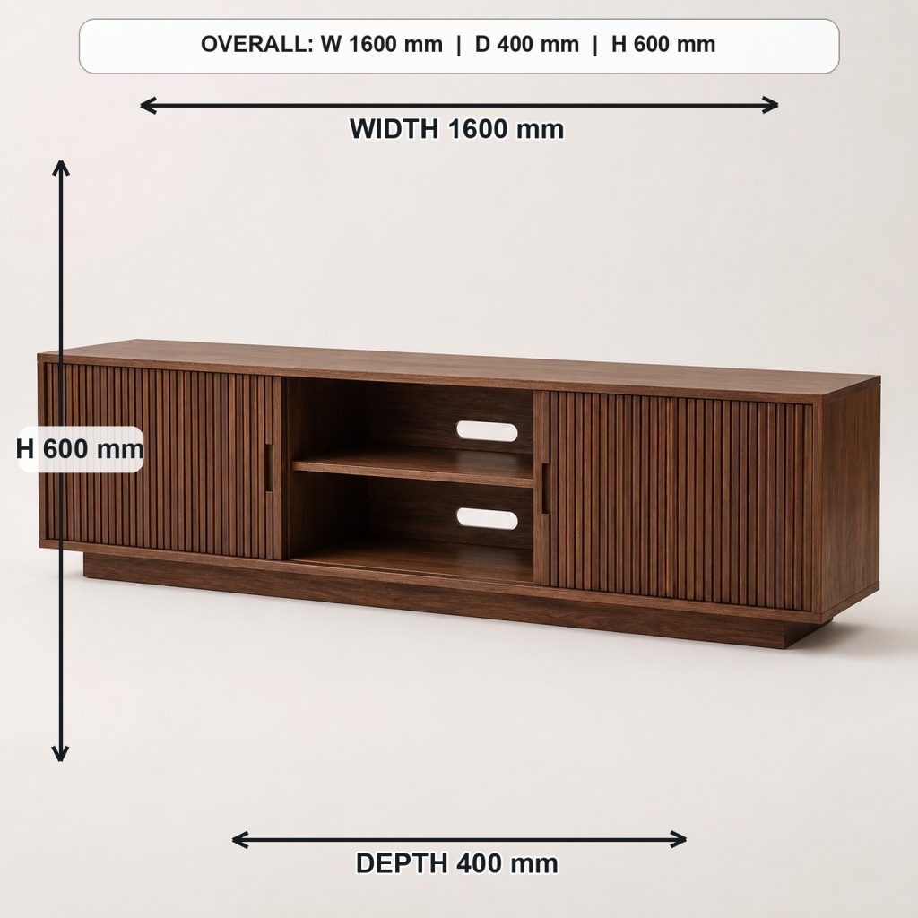 low modern walnut media console finished project variation, overall dimensions 1600 mm wide x 400 mm deep x 600 mm high