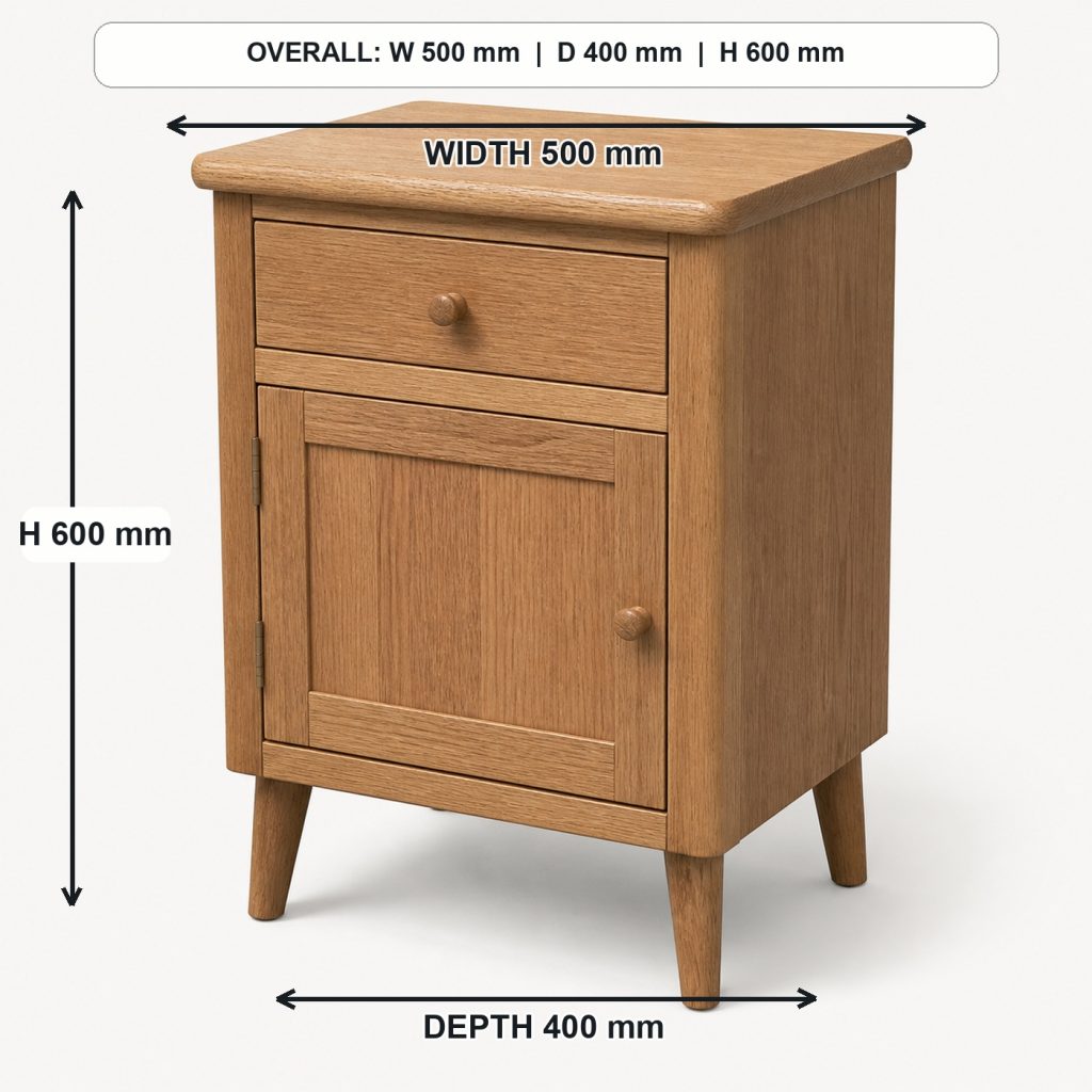 compact oak bedside table complete three-quarter project view, overall dimensions 500 mm wide x 400 mm deep x 600 mm high
