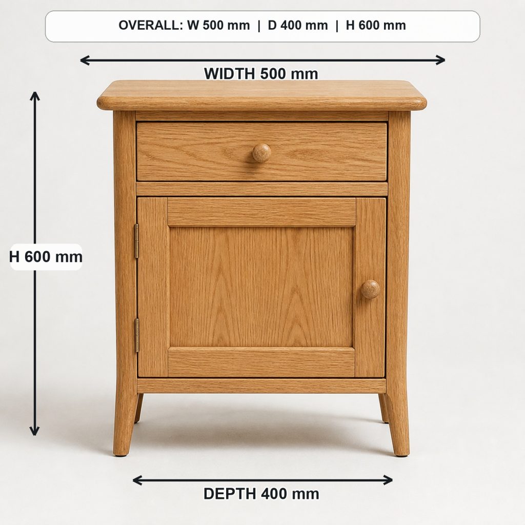 compact oak bedside table front elevation and overall proportions, overall dimensions 500 mm wide x 400 mm deep x 600 mm high