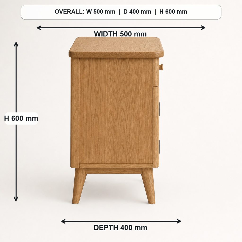 compact oak bedside table side elevation and depth, overall dimensions 500 mm wide x 400 mm deep x 600 mm high