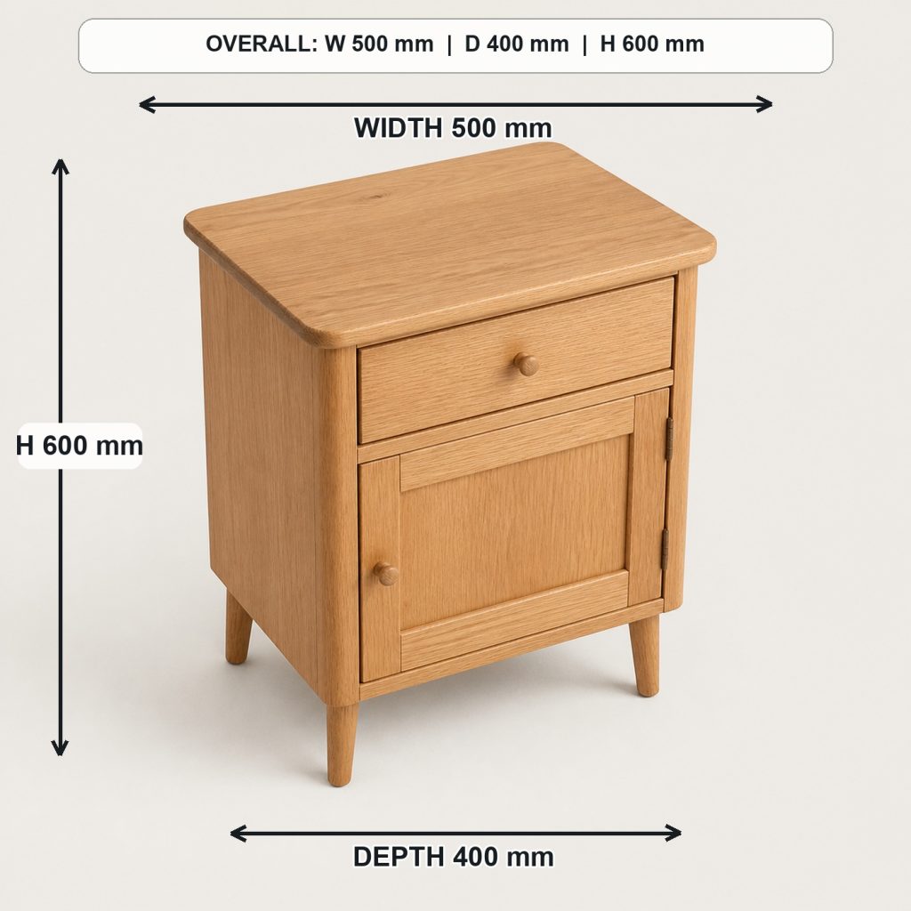 compact oak bedside table top view and usable surface, overall dimensions 500 mm wide x 400 mm deep x 600 mm high