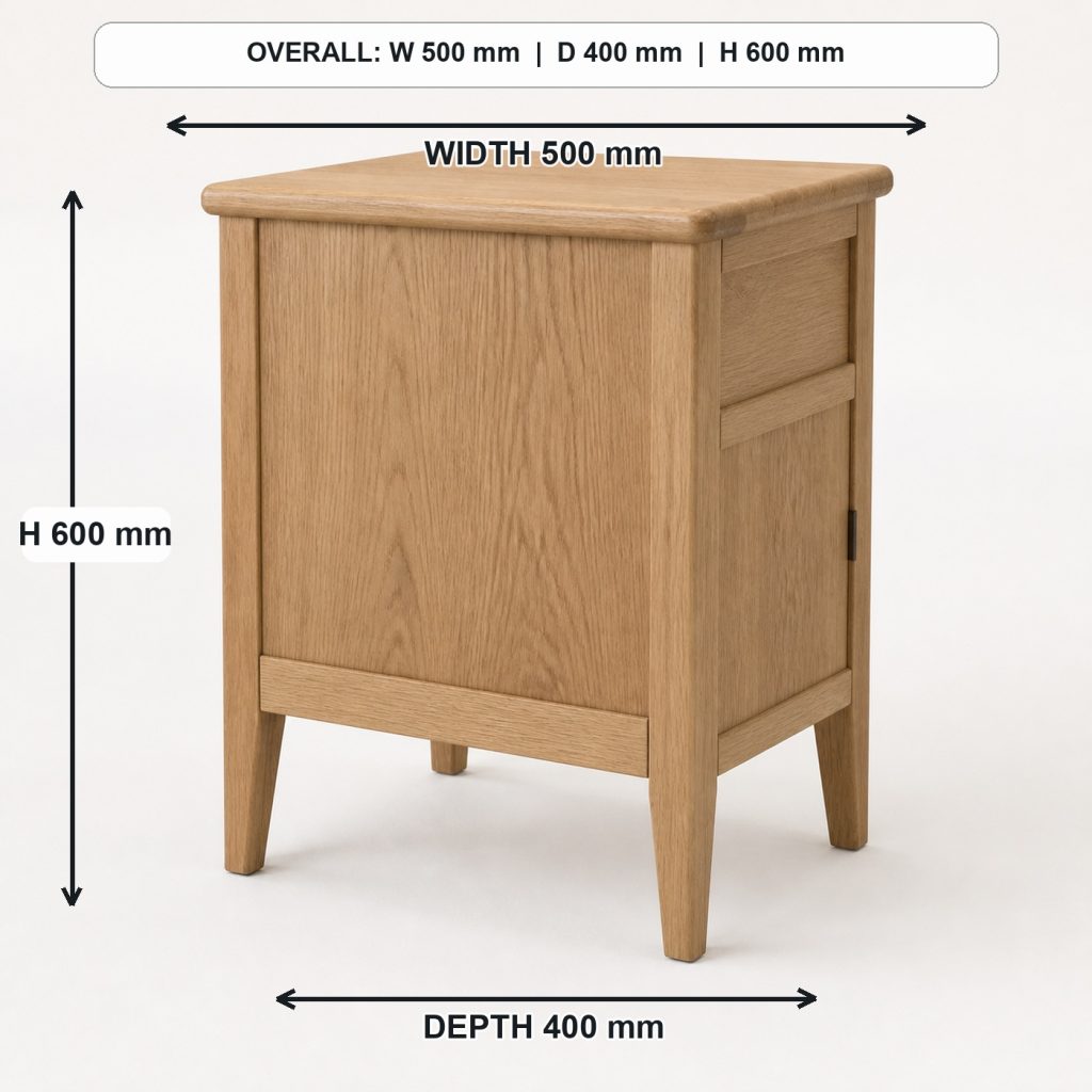 compact oak bedside table rear construction and support, overall dimensions 500 mm wide x 400 mm deep x 600 mm high
