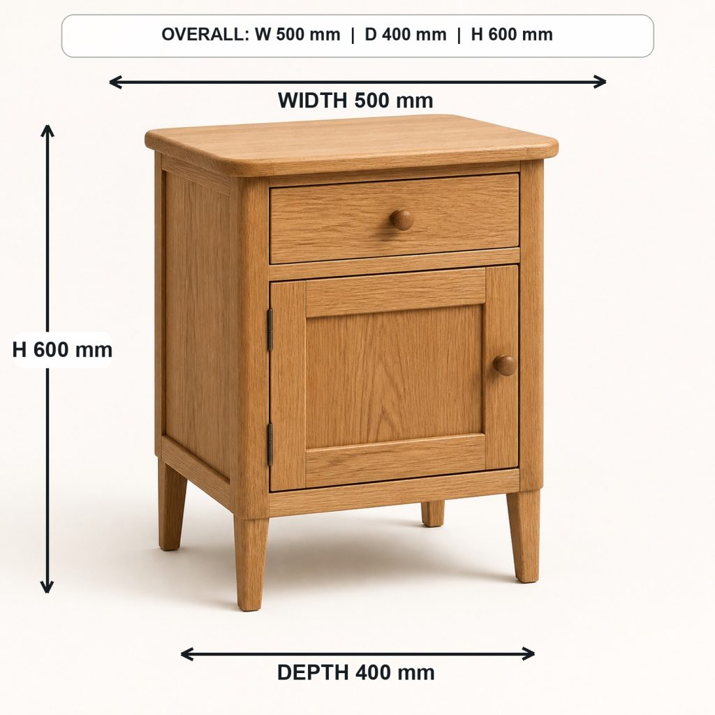 compact oak bedside table primary joinery detail, overall dimensions 500 mm wide x 400 mm deep x 600 mm high