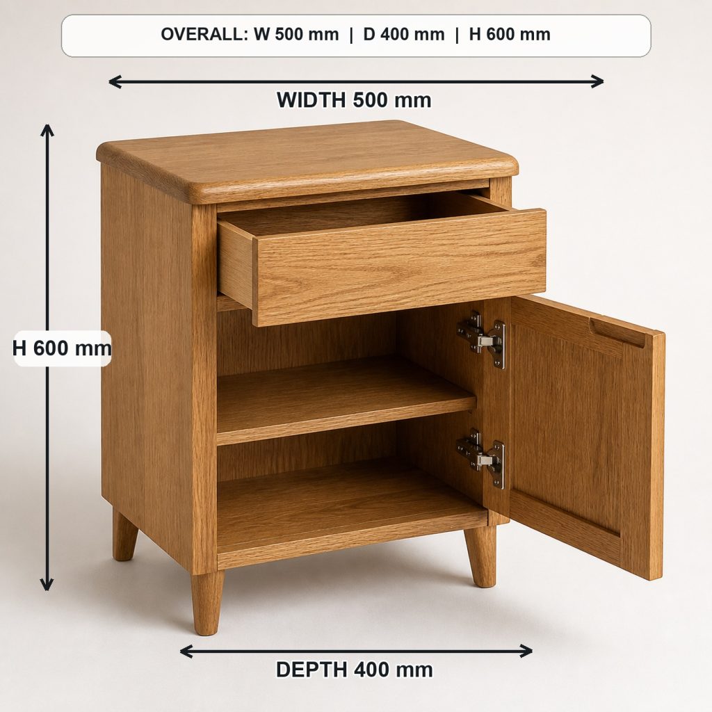 compact oak bedside table storage or functional detail, overall dimensions 500 mm wide x 400 mm deep x 600 mm high