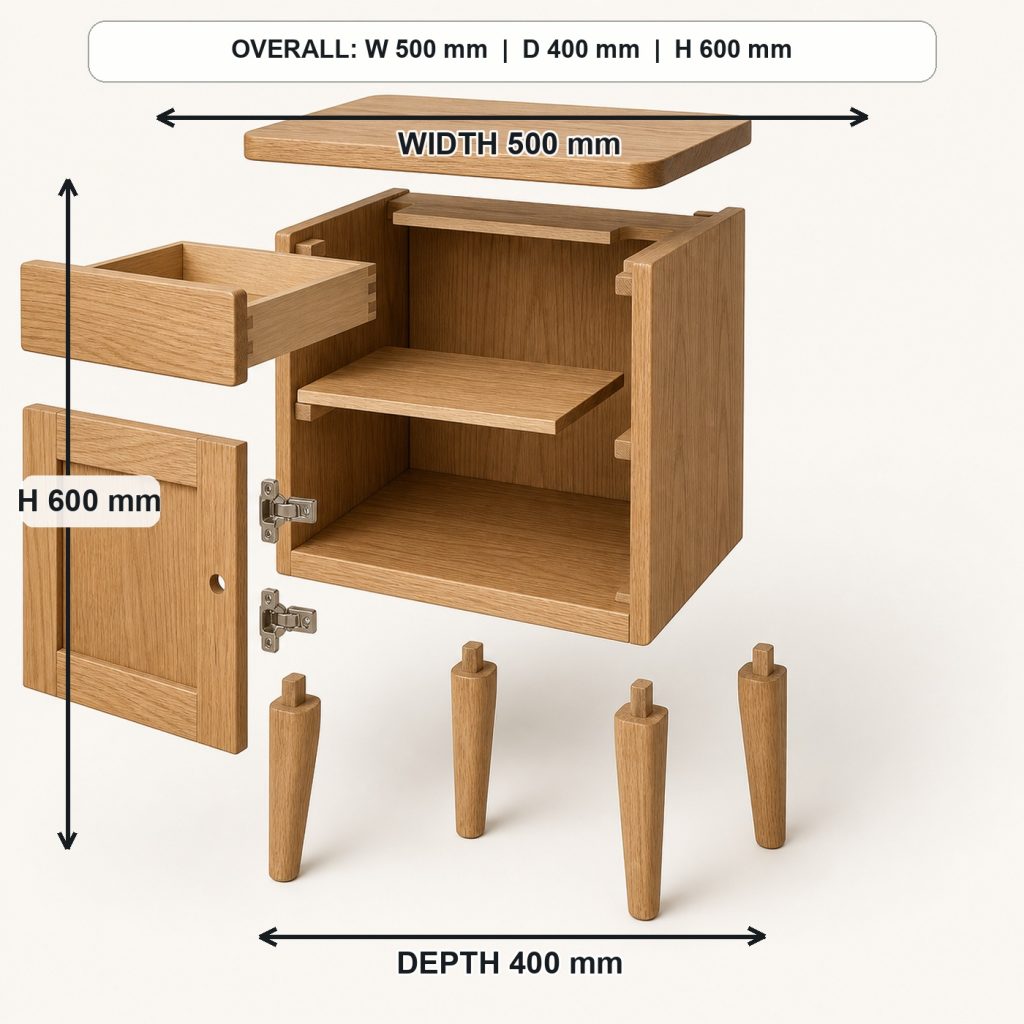 compact oak bedside table exploded construction overview, overall dimensions 500 mm wide x 400 mm deep x 600 mm high
