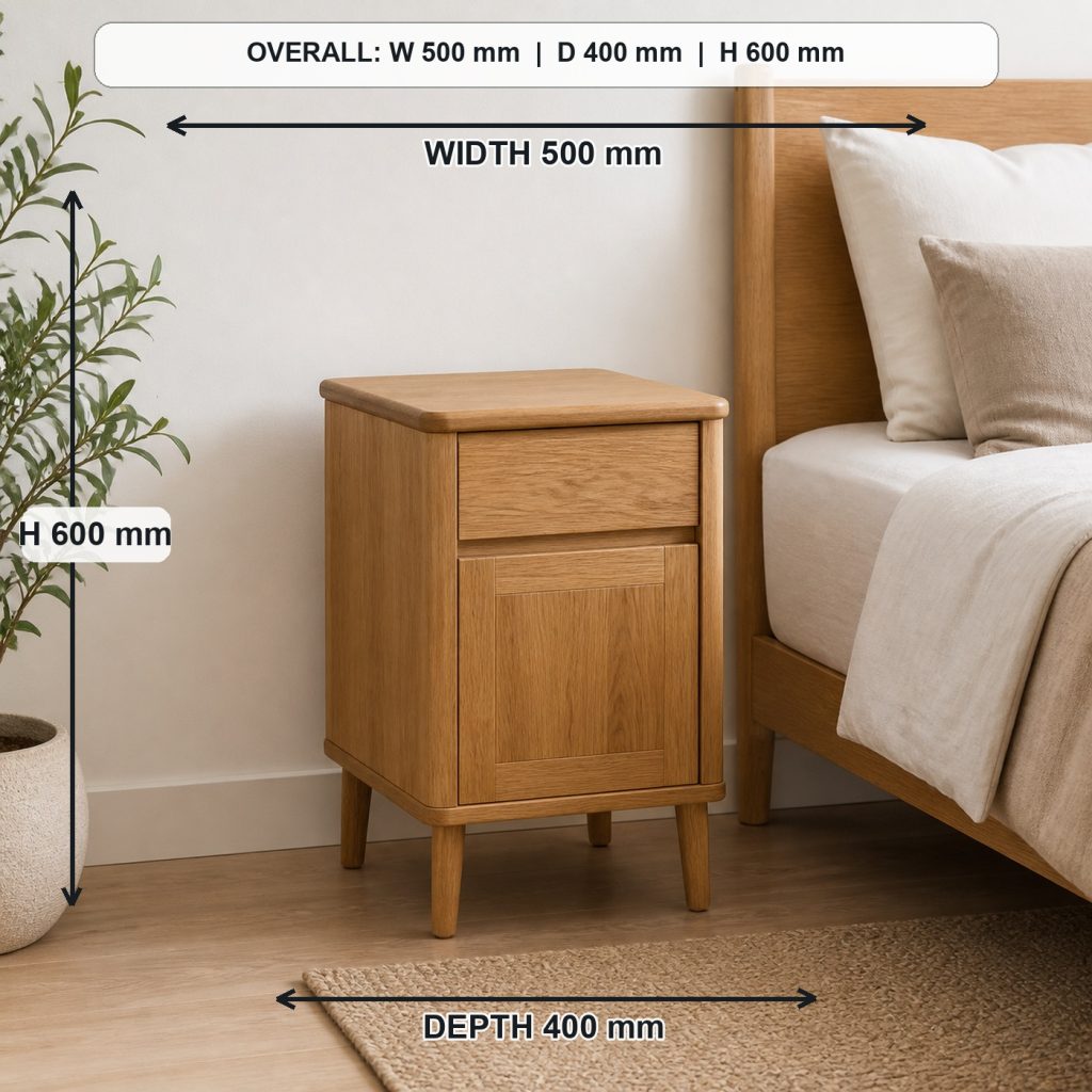 compact oak bedside table project shown in a real room, overall dimensions 500 mm wide x 400 mm deep x 600 mm high