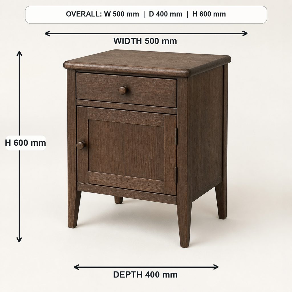 compact oak bedside table finished project variation, overall dimensions 500 mm wide x 400 mm deep x 600 mm high