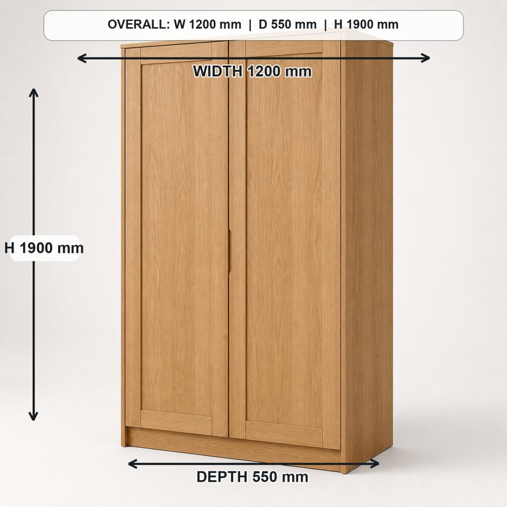 freestanding white-oak wardrobe complete three-quarter project view, overall dimensions 1200 mm wide x 550 mm deep x 1900 mm high