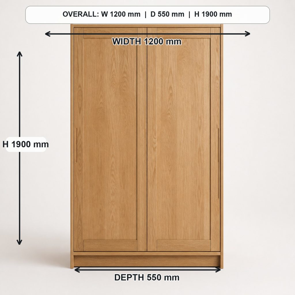freestanding white-oak wardrobe front elevation and overall proportions, overall dimensions 1200 mm wide x 550 mm deep x 1900 mm high
