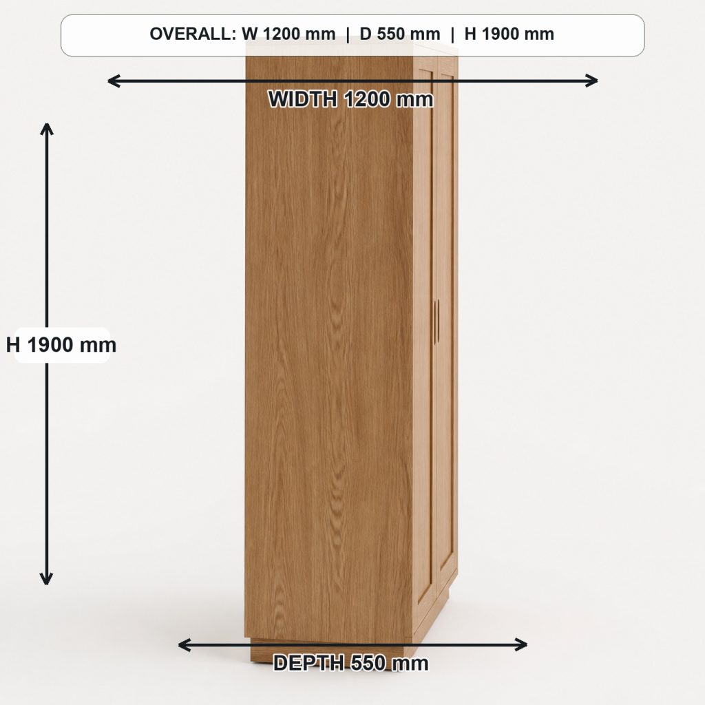 freestanding white-oak wardrobe side elevation and depth, overall dimensions 1200 mm wide x 550 mm deep x 1900 mm high