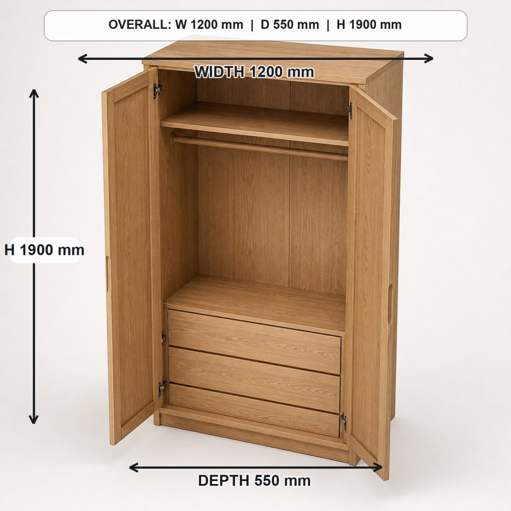 freestanding white-oak wardrobe top view and usable surface, overall dimensions 1200 mm wide x 550 mm deep x 1900 mm high