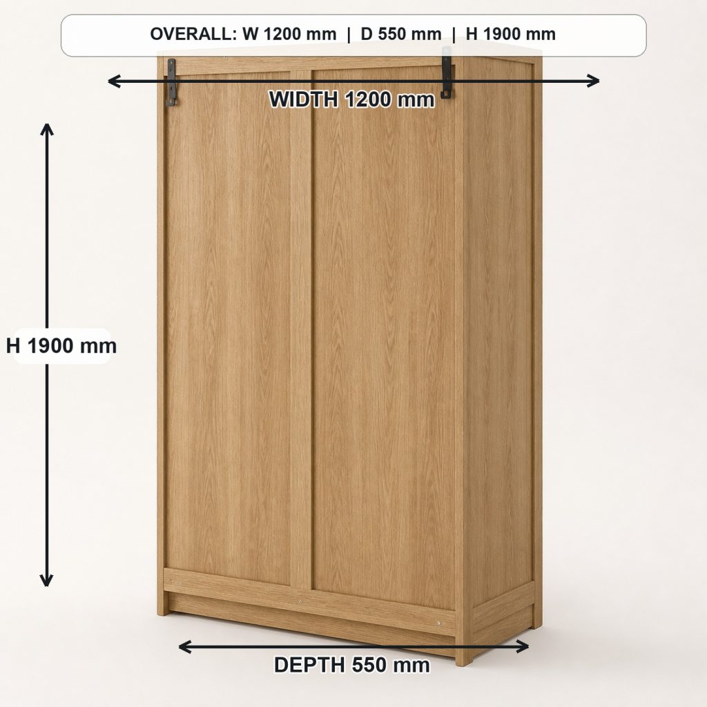 freestanding white-oak wardrobe rear construction and support, overall dimensions 1200 mm wide x 550 mm deep x 1900 mm high