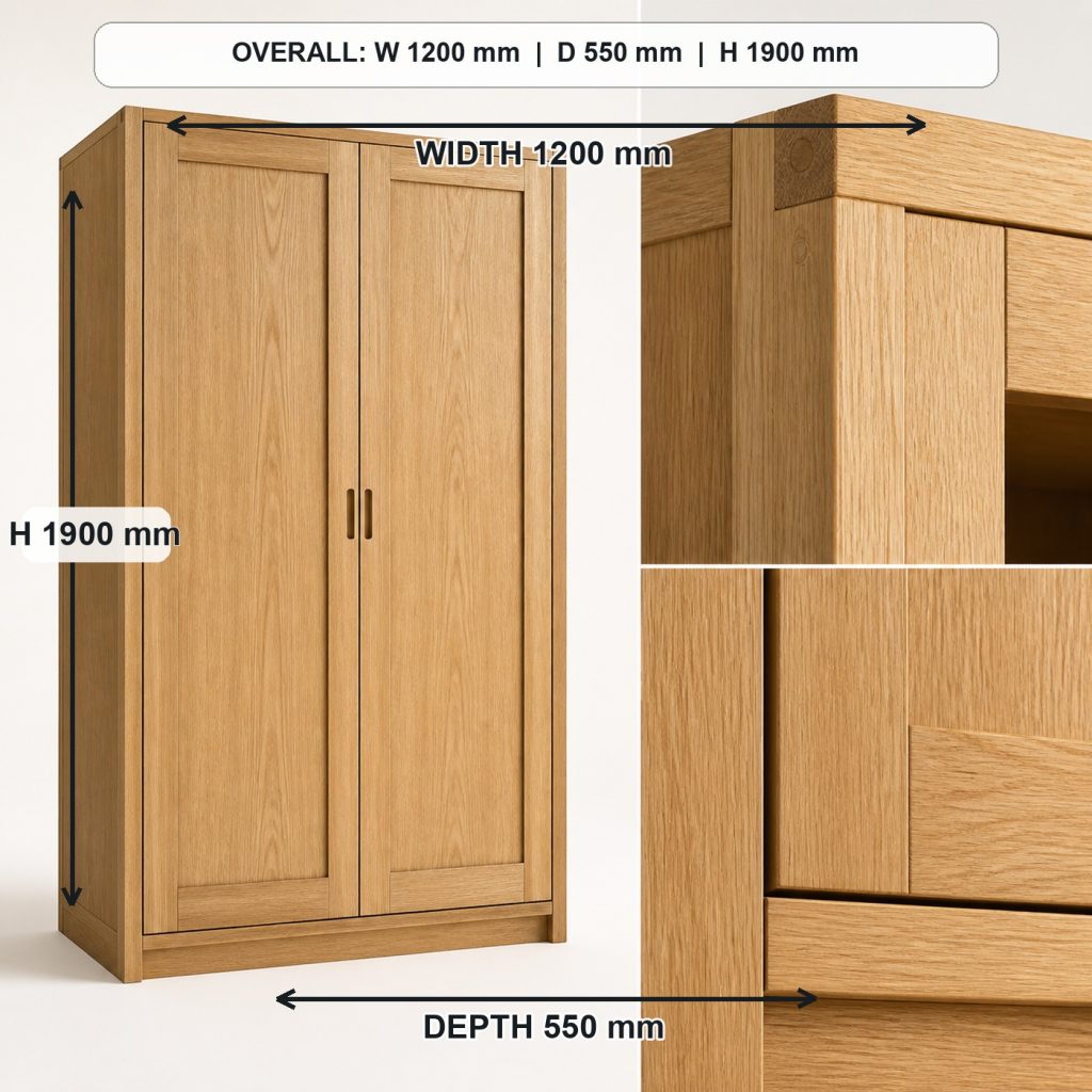 freestanding white-oak wardrobe primary joinery detail, overall dimensions 1200 mm wide x 550 mm deep x 1900 mm high
