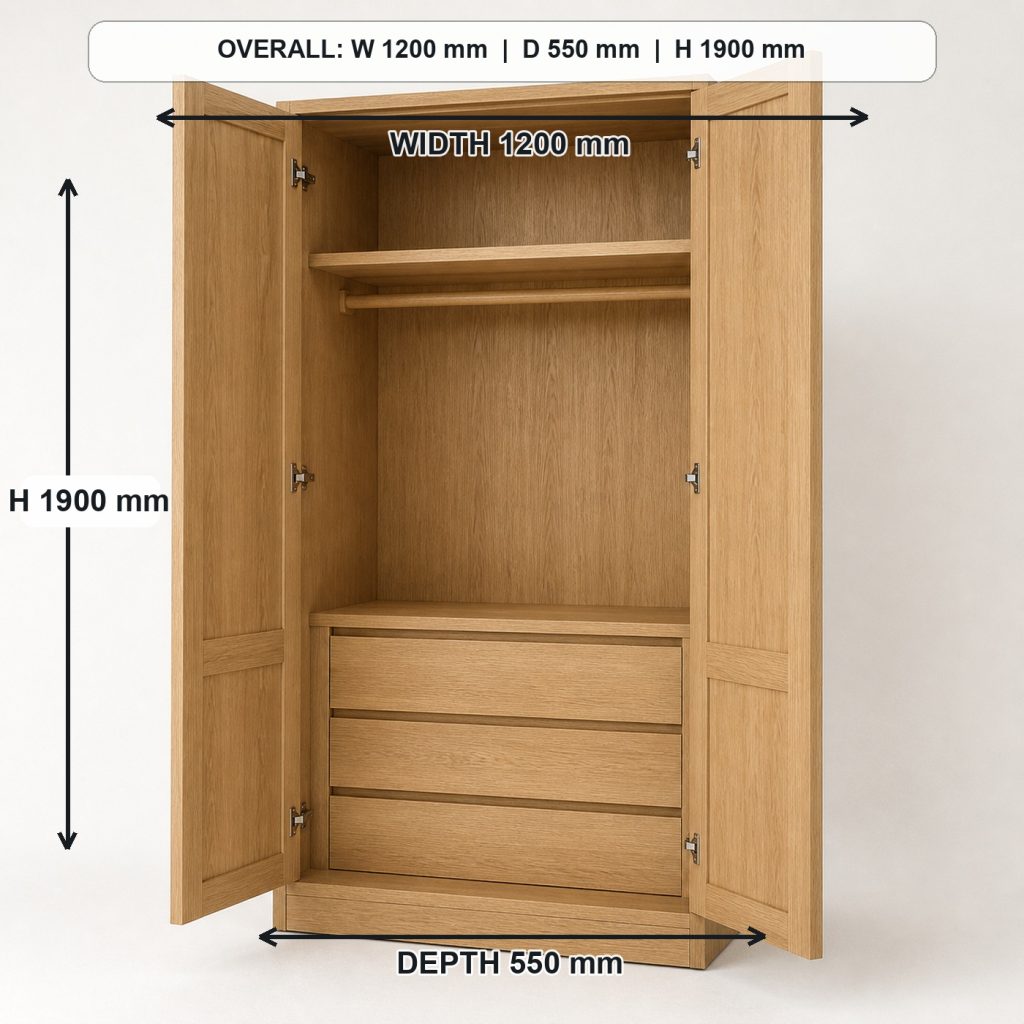 freestanding white-oak wardrobe storage or functional detail, overall dimensions 1200 mm wide x 550 mm deep x 1900 mm high