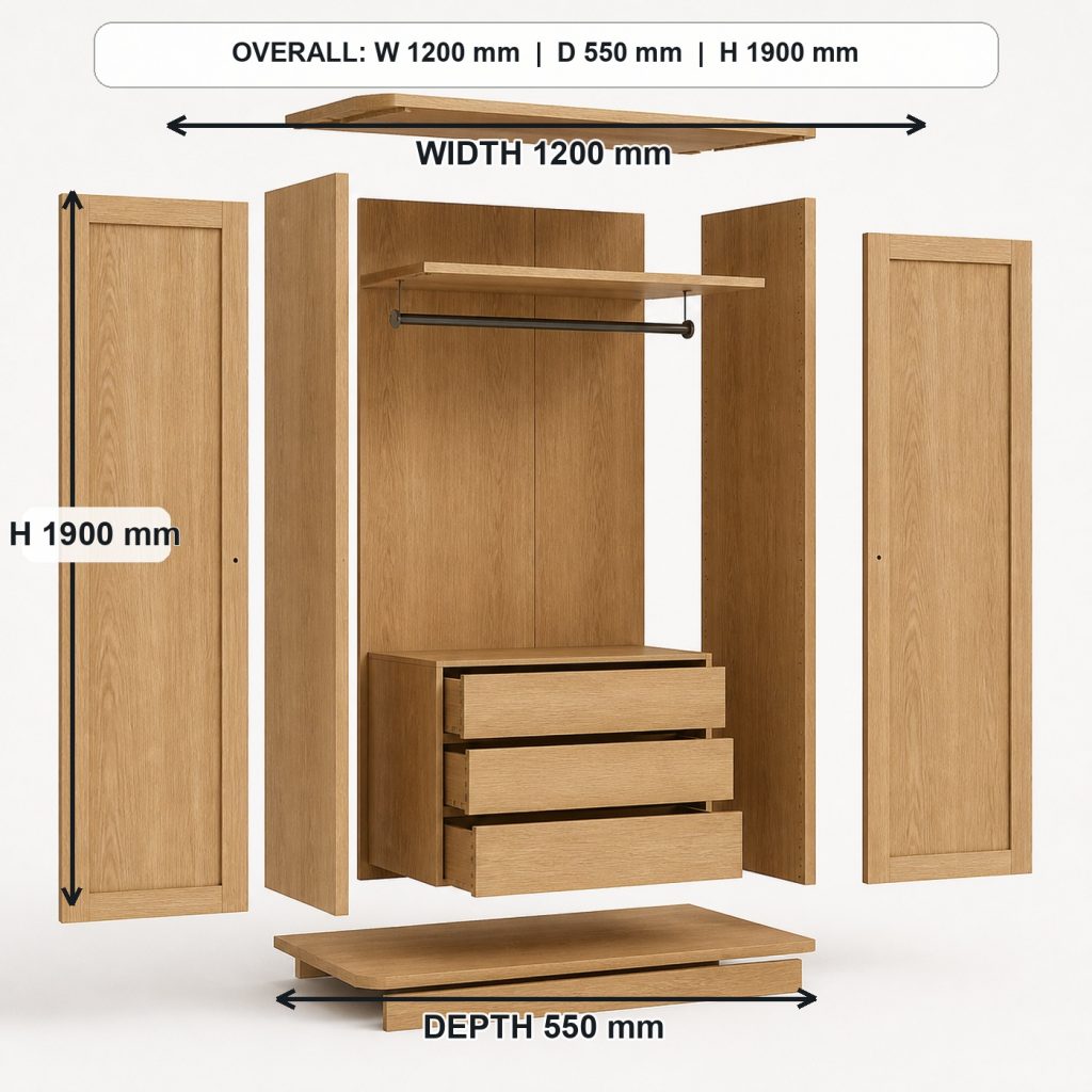 freestanding white-oak wardrobe exploded construction overview, overall dimensions 1200 mm wide x 550 mm deep x 1900 mm high