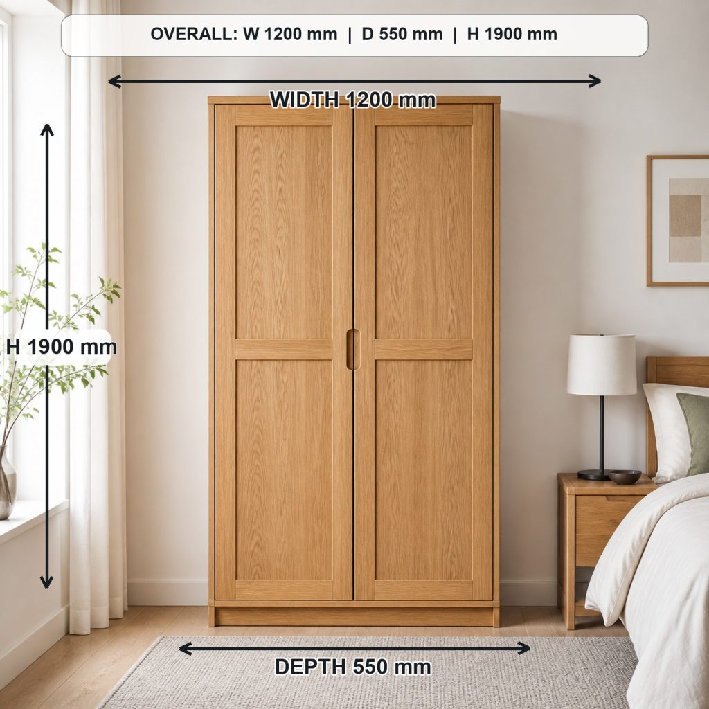freestanding white-oak wardrobe project shown in a real room, overall dimensions 1200 mm wide x 550 mm deep x 1900 mm high