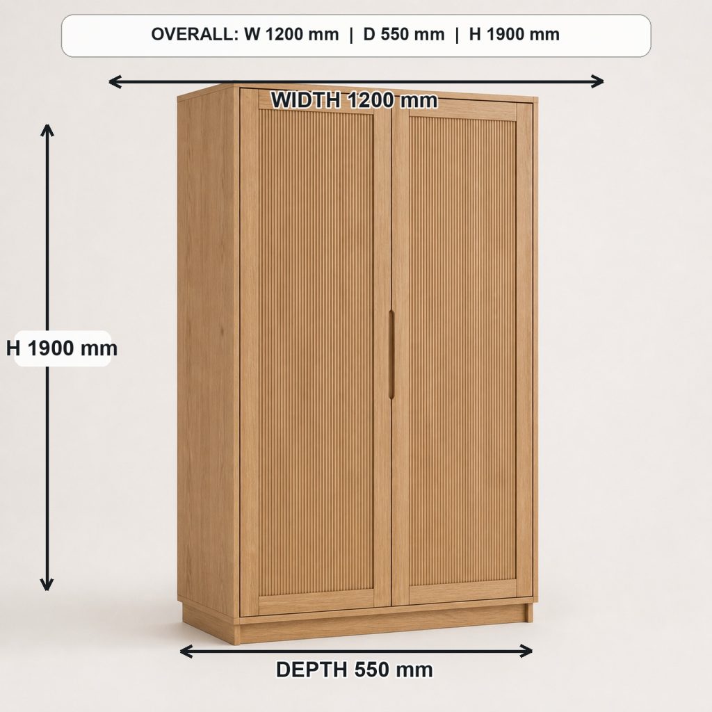 freestanding white-oak wardrobe finished project variation, overall dimensions 1200 mm wide x 550 mm deep x 1900 mm high